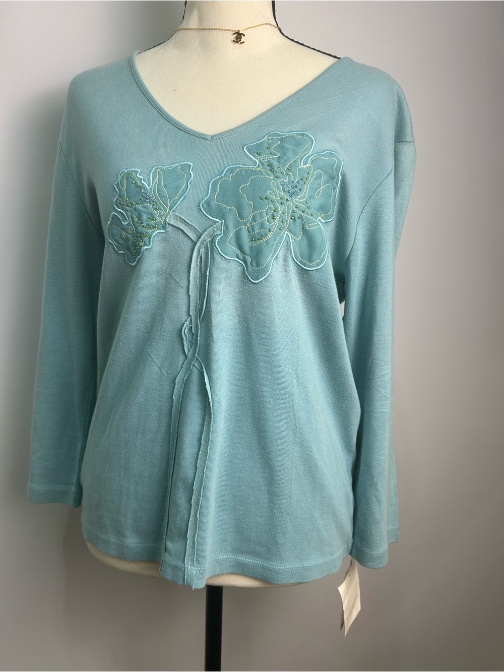 Susan Bristol Light Blue Floral Appliqué V-Neck Long Sleeve Top
